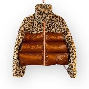 Choosy Puffer Bomber Jacket Leopard Fleece Rust | Neon XS NWT
